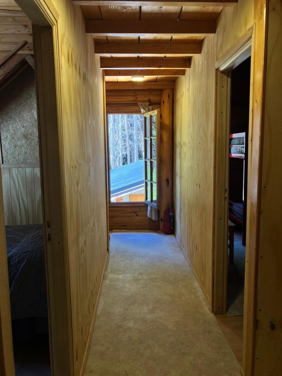 Pasillo revestido en madera con ventana al bosque
